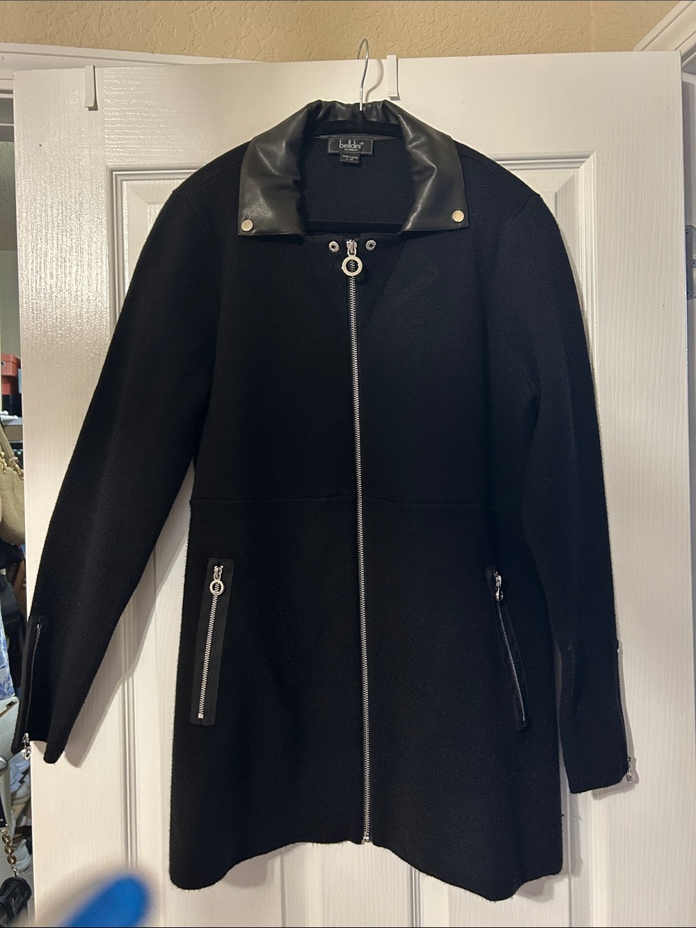 Belldini Black Sweater Jacket Faux Leather Moto Collar L